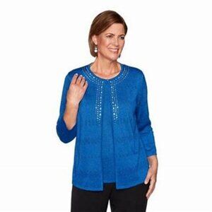 Alfred Dunner Cobalt Blue Classic Long Sleeve Layered Sweater Petite Small NWT
